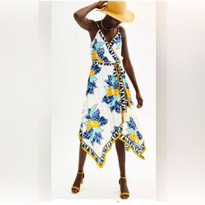 Nine West Tropical Print Scarf Hem Midi Dress Small